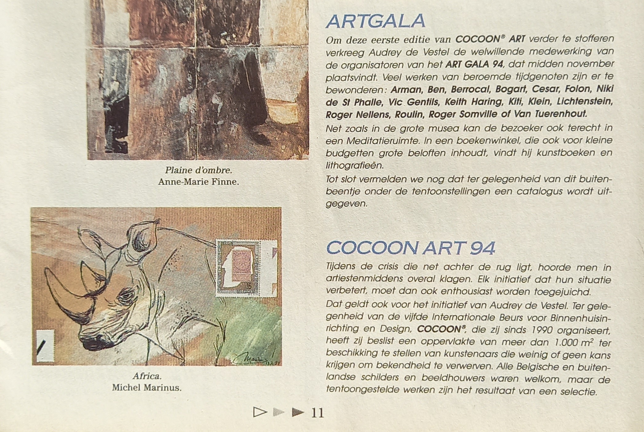 Coupure de presse Cocoon Art 1994 avec oeuvre de Michel Marinus
